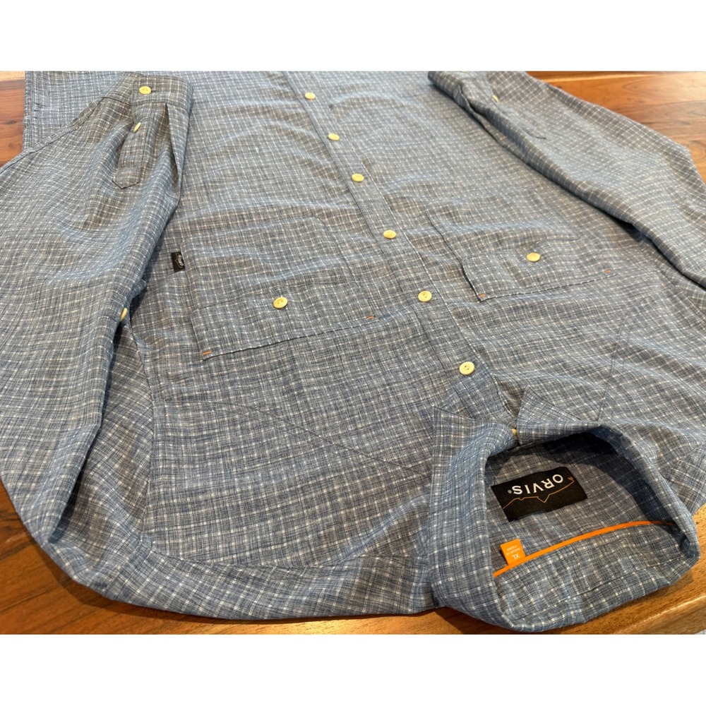 Orvis Mens XL Blue Micro Check Long Sleeve Western Yoke Fishing Shirt RN 70534